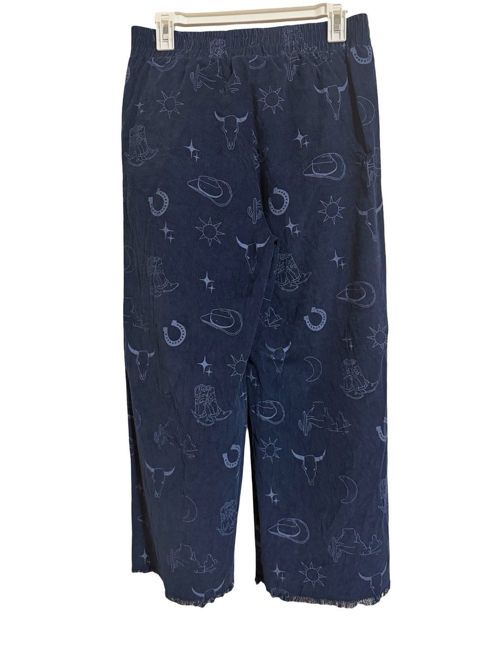 Umgee Women’s Navy Blue Corduroy Pants with Western Print and Raw Hem Sz Medium - Picture 2 of 4